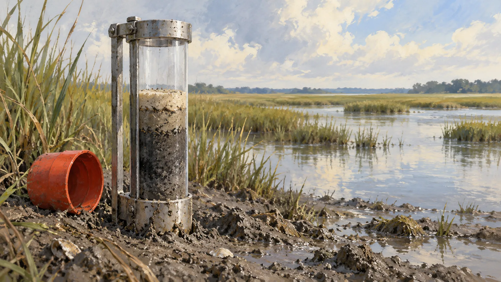 A silt core sampler showing a short retained column of layered sediment