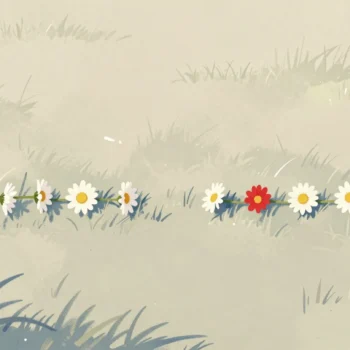 Two daisy chains on a lawn with a gap between them, a child's hands starting a fresh chain
