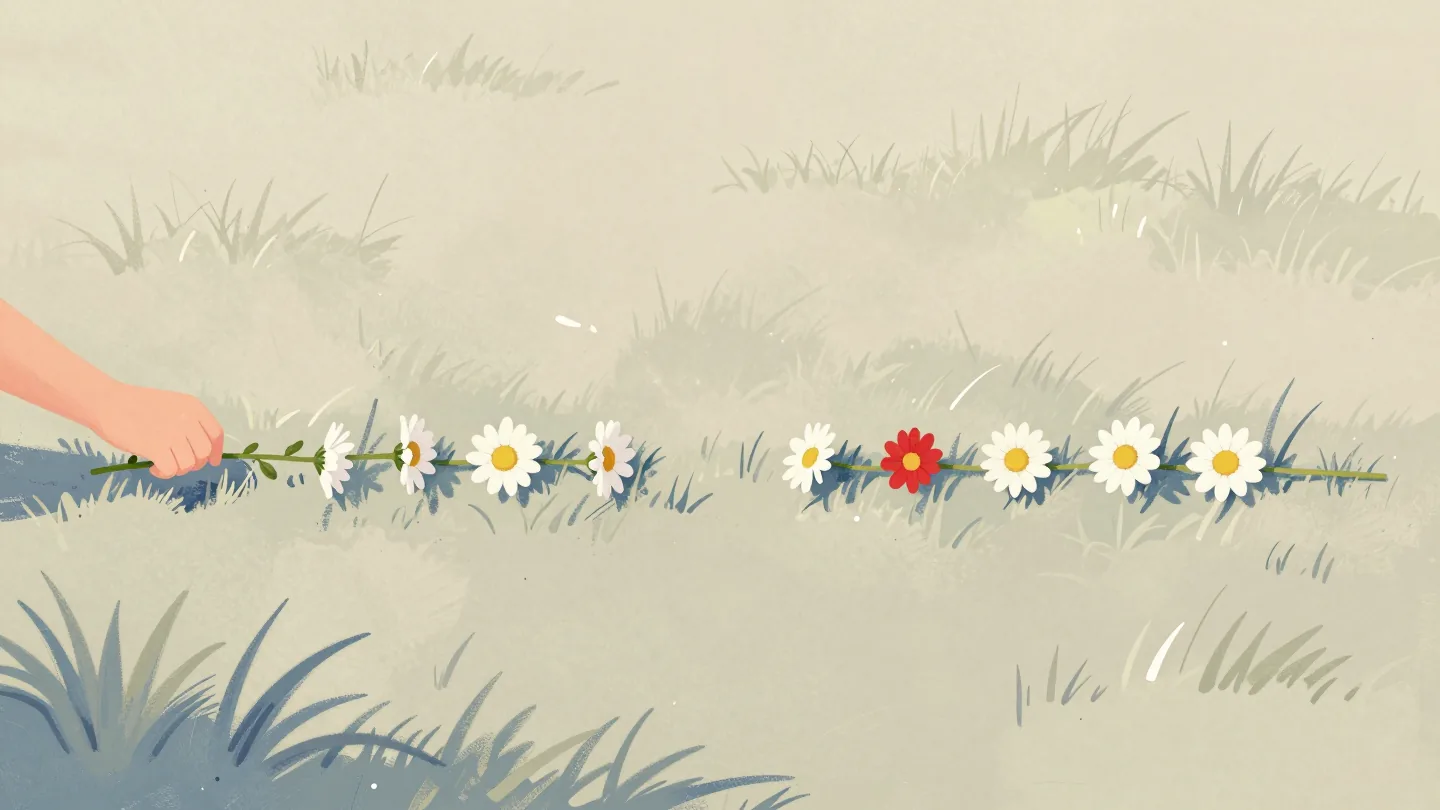 Two daisy chains on a lawn with a gap between them, a child's hands starting a fresh chain