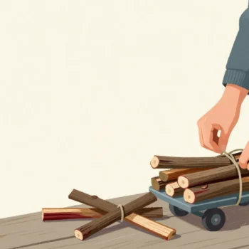 Hands tying kindling sticks into bundles with twine beside a handcart stacked with finished bundles