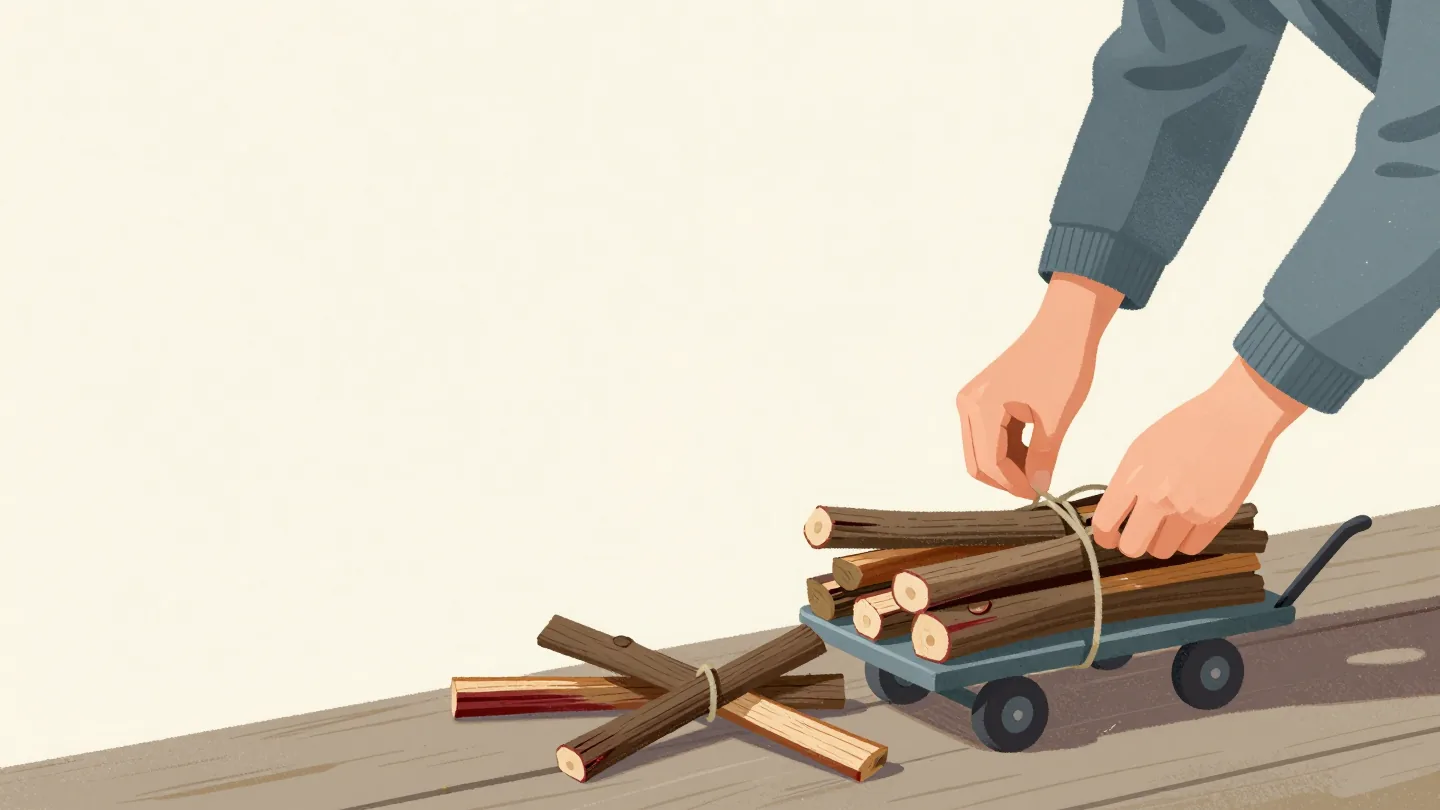 Hands tying kindling sticks into bundles with twine beside a handcart stacked with finished bundles