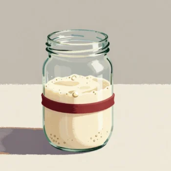 A jar of sourdough starter risen well above a red rubber band marking its earlier level.