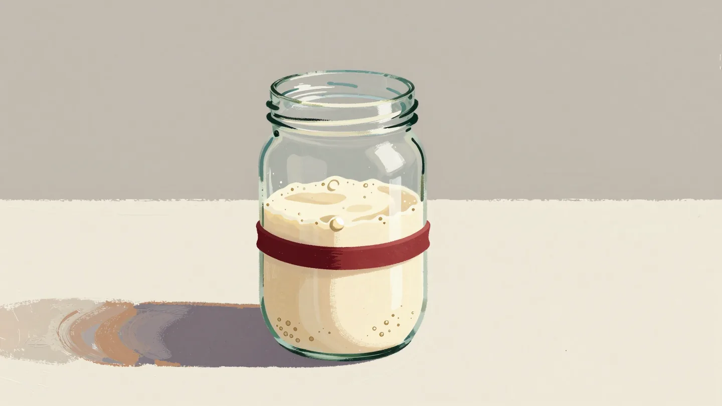 A jar of sourdough starter risen well above a red rubber band marking its earlier level.