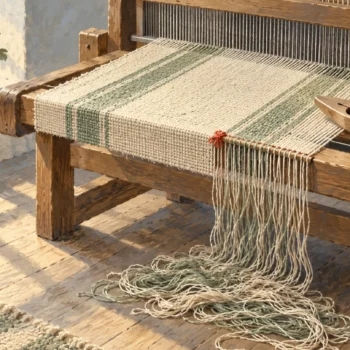 Gouache painting: a wooden loom holding a half-woven linen runner in cream and sage, the last stretch unpicked into loose threads on the floor, with one vermilion knot marking where the finished cloth ends