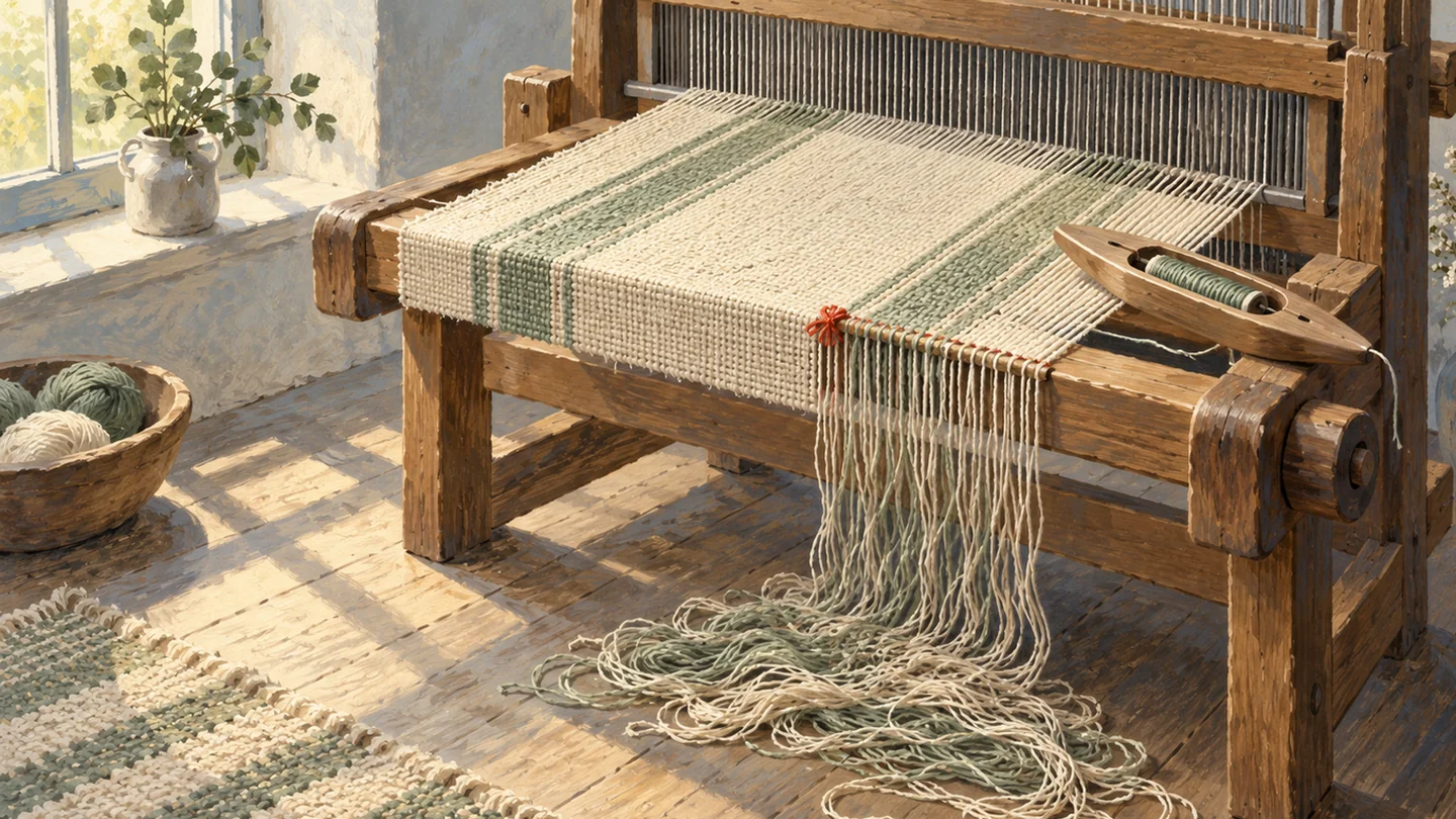 Gouache painting: a wooden loom holding a half-woven linen runner in cream and sage, the last stretch unpicked into loose threads on the floor, with one vermilion knot marking where the finished cloth ends