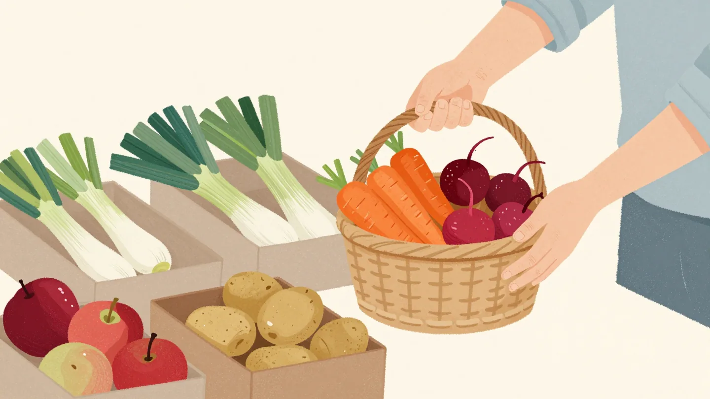 Two hands unpacking a mixed harvest box into separate wicker baskets of carrots, leeks, apples and radishes.