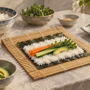 A sushi rolling mat shaping ingredients outside their original bowls