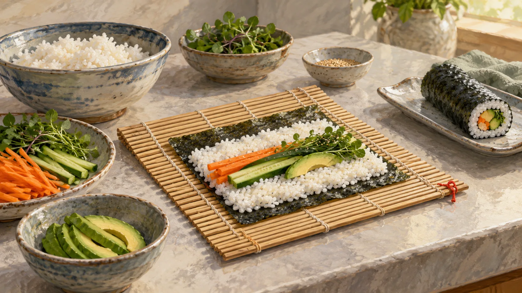 A sushi rolling mat shaping ingredients outside their original bowls