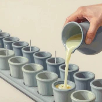 A row of identical ceramic cups receiving liquid from one pitcher
