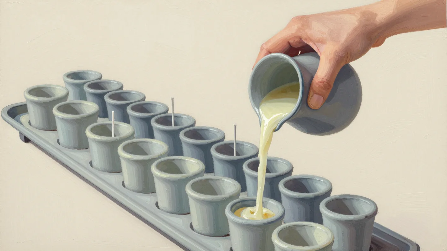 A row of identical ceramic cups receiving liquid from one pitcher