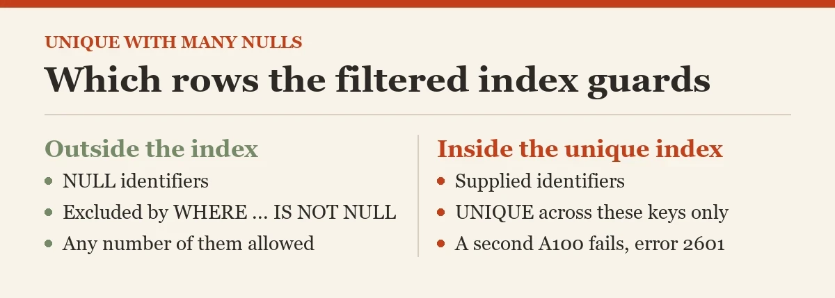 Which rows the filtered index guards: a diagram about the many NULLs
