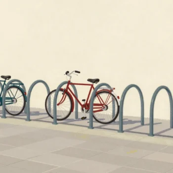 A street bicycle rack with a different bicycle in each slot and several empty slots between them.
