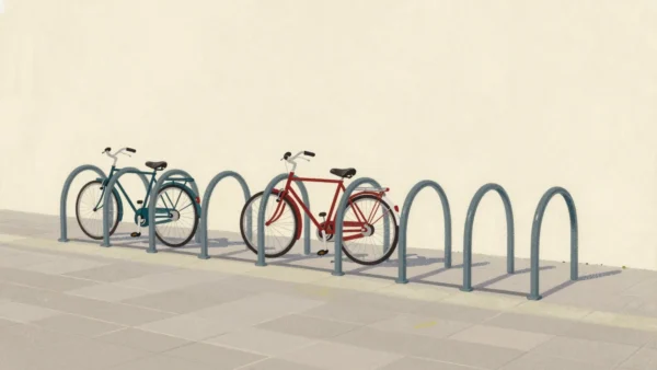 A street bicycle rack with a different bicycle in each slot and several empty slots between them.