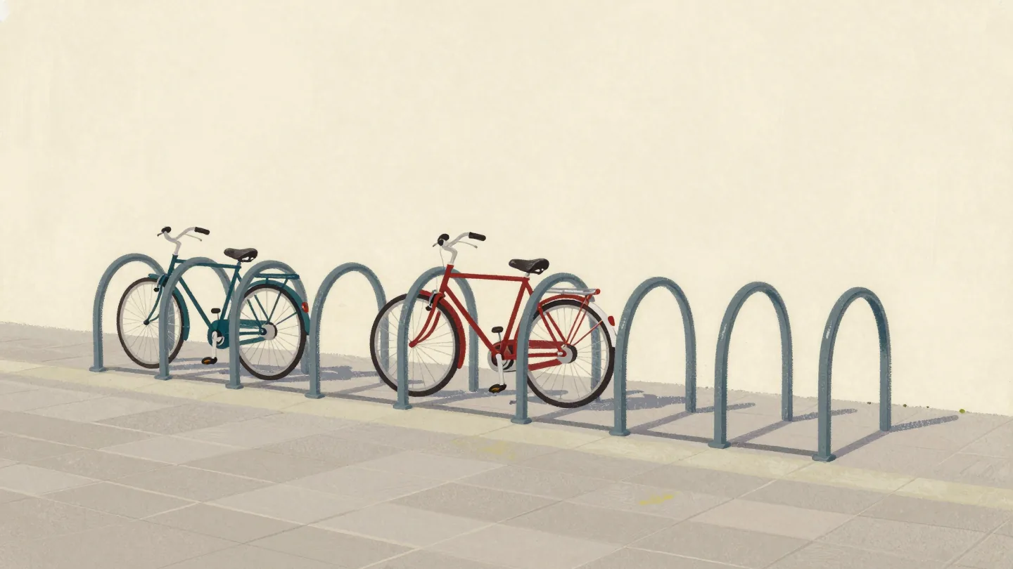 A street bicycle rack with a different bicycle in each slot and several empty slots between them.