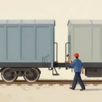 A railway worker seen from behind tapping a goods wagon wheel with a long hammer to listen to it