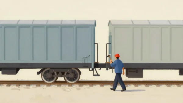 A railway worker seen from behind tapping a goods wagon wheel with a long hammer to listen to it