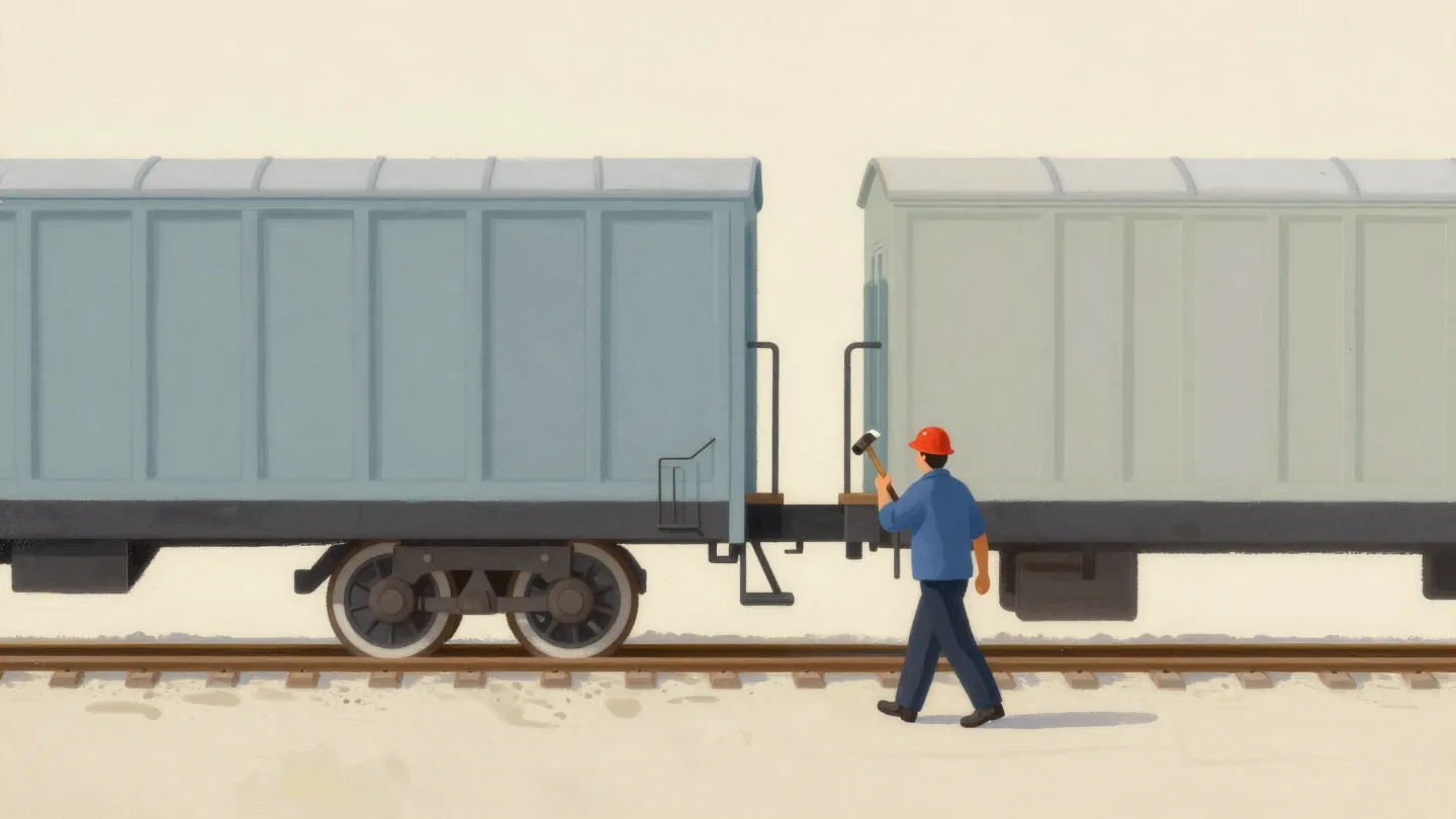A railway worker seen from behind tapping a goods wagon wheel with a long hammer to listen to it