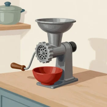 An old cast iron mincer clamped to a farmhouse kitchen table, a bowl waiting beneath it.