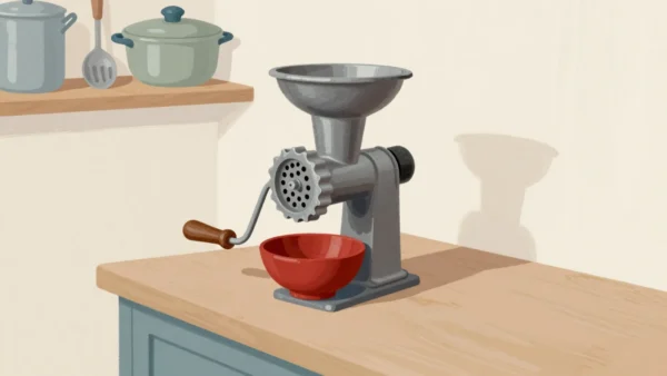 An old cast iron mincer clamped to a farmhouse kitchen table, a bowl waiting beneath it.