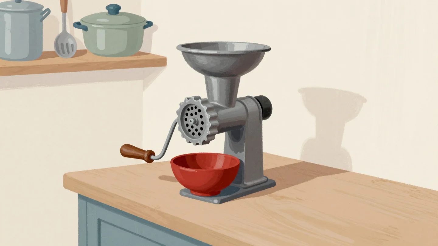 An old cast iron mincer clamped to a farmhouse kitchen table, a bowl waiting beneath it.
