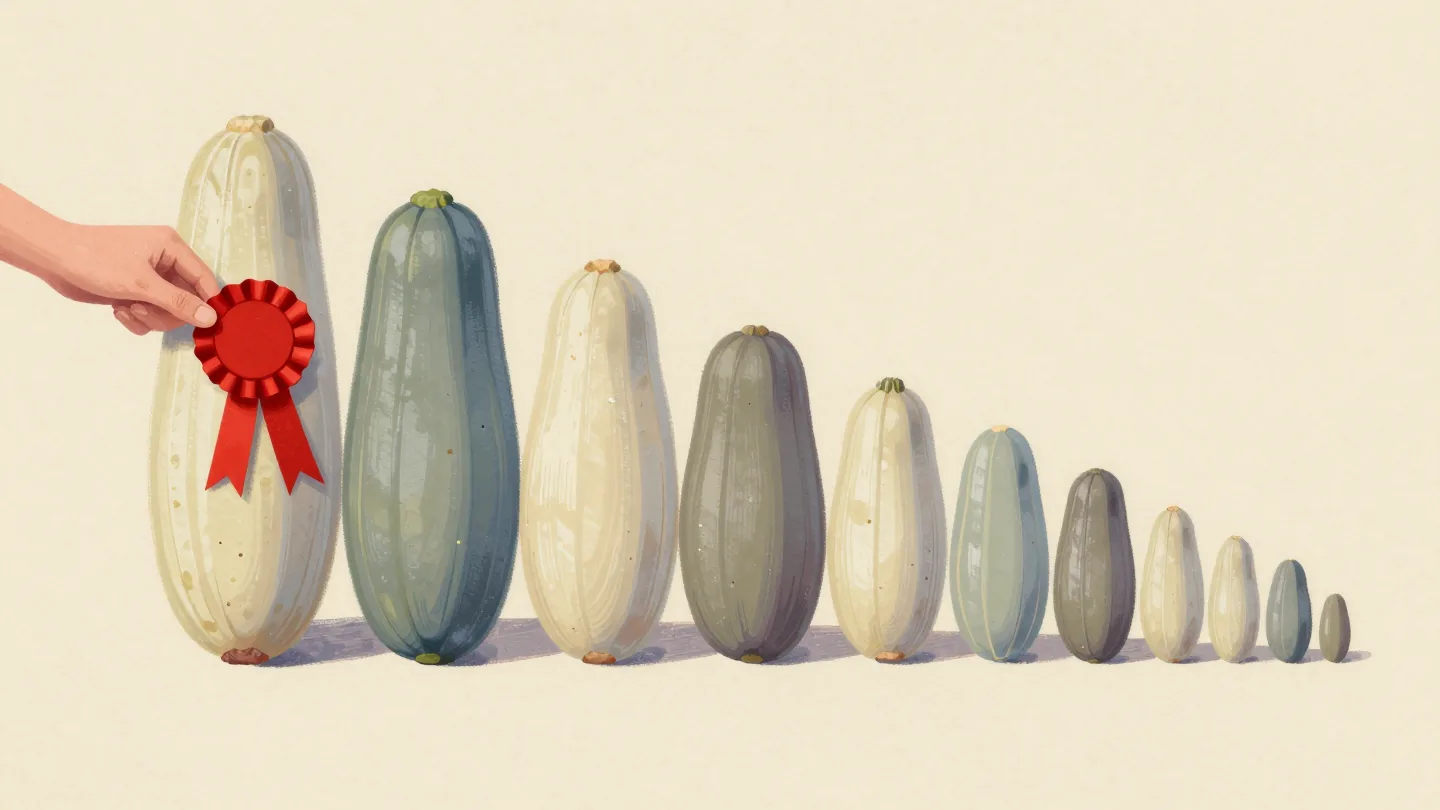 A hand pinning a red rosette on the largest marrow in a row already arranged by size on a village show table.