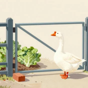 A white goose standing among lettuces as a hand closes the garden gate that was propped open behind it.