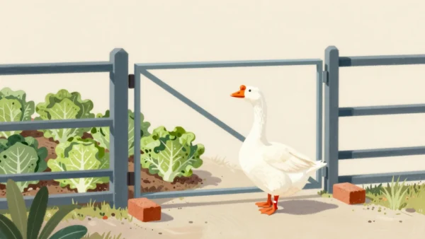 A white goose standing among lettuces as a hand closes the garden gate that was propped open behind it.