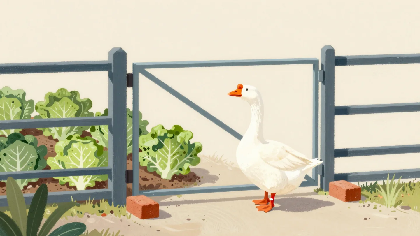 A white goose standing among lettuces as a hand closes the garden gate that was propped open behind it.