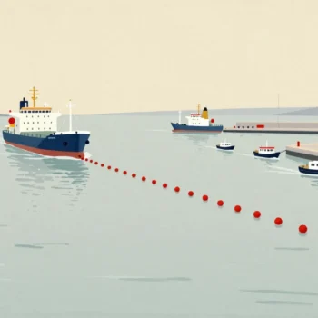 A harbor entrance where a line of vermilion buoys steers small boats away from the main quay.