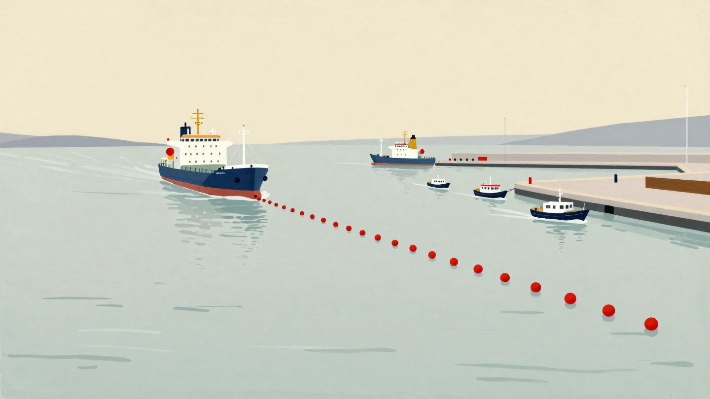 A harbor entrance where a line of vermilion buoys steers small boats away from the main quay.