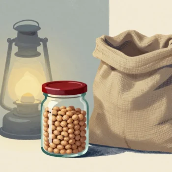 Gouache painting: a small glass jar filled to its rim with dry beans beside a large, mostly empty burlap sack; the jar has a vermilion lid