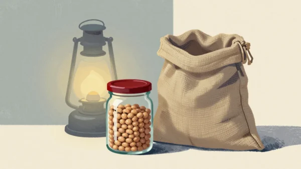 Gouache painting: a small glass jar filled to its rim with dry beans beside a large, mostly empty burlap sack; the jar has a vermilion lid