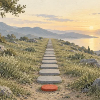 Gouache painting of identical stepping stones stretching into the distance from one small vermilion marker stone.