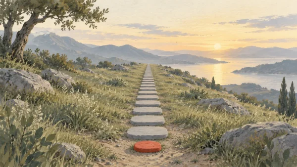 Gouache painting of identical stepping stones stretching into the distance from one small vermilion marker stone.