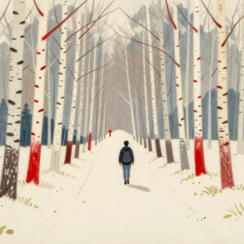 A walker on a birch woodland trail following red paint blazes, continuing through a stretch of trees with no marks.