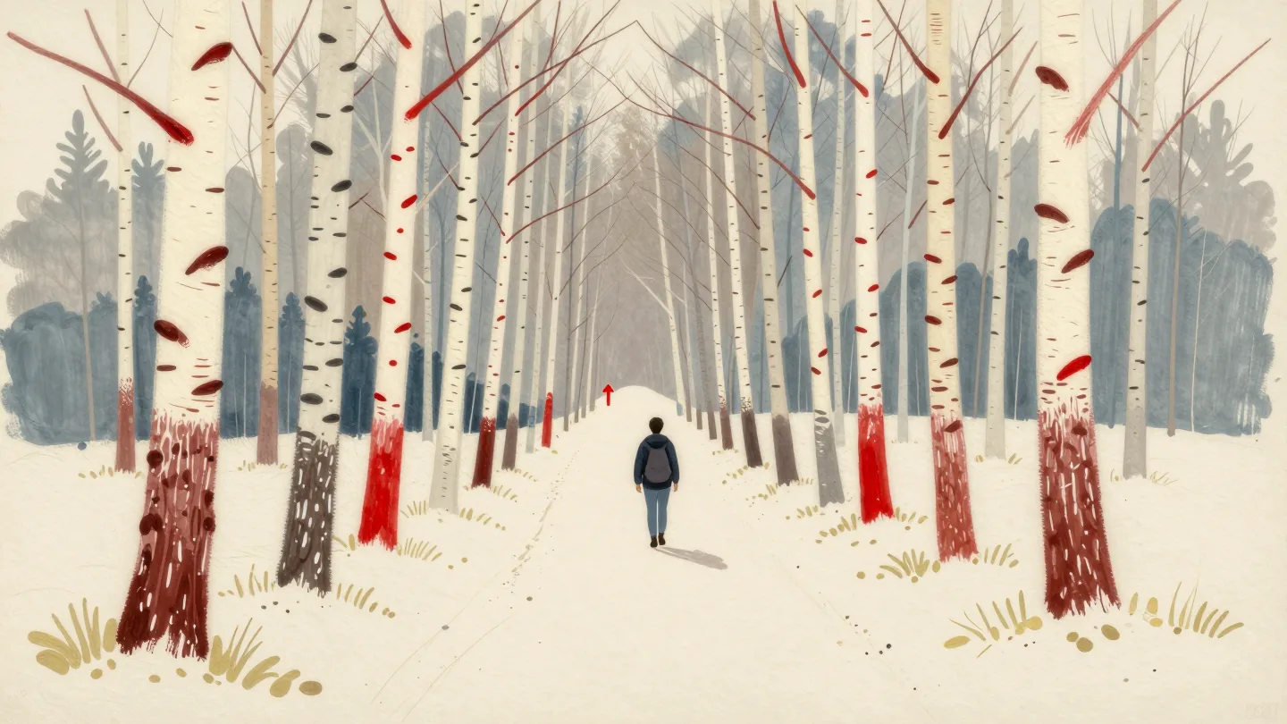 A walker on a birch woodland trail following red paint blazes, continuing through a stretch of trees with no marks.
