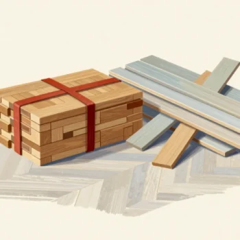 A strapped bundle of oak parquet blocks with a red band beside a jumbled heap of planks.