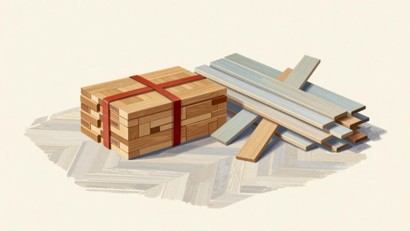 A strapped bundle of oak parquet blocks with a red band beside a jumbled heap of planks.