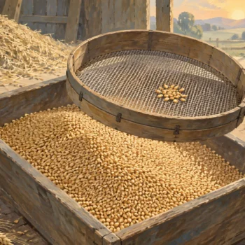 A sieve holds a few kernels above a trough full of sifted grain, with a larger mound behind