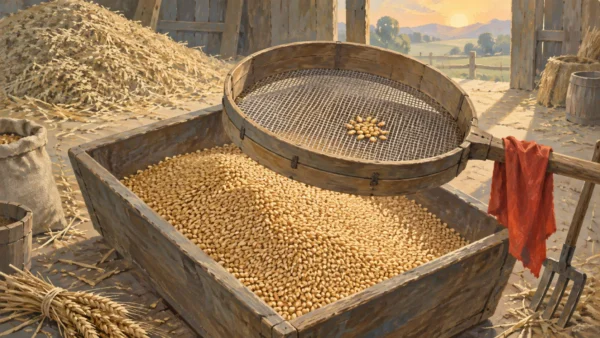 A sieve holds a few kernels above a trough full of sifted grain, with a larger mound behind