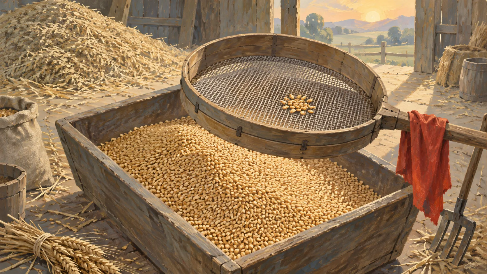 A sieve holds a few kernels above a trough full of sifted grain, with a larger mound behind