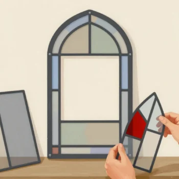 Hands lifting a colored pane from a salvaged window to fill the one gap in a stained glass window