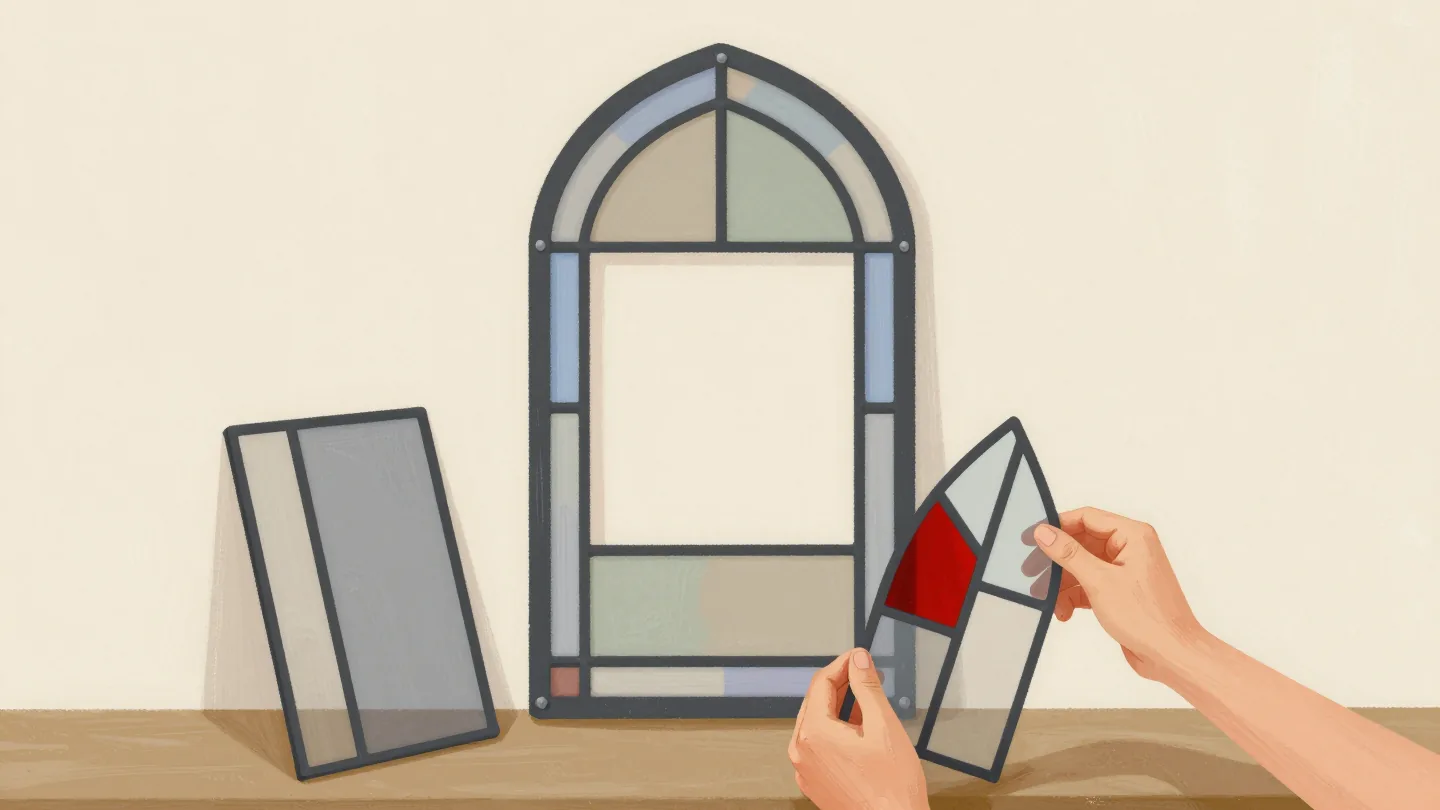 Hands lifting a colored pane from a salvaged window to fill the one gap in a stained glass window