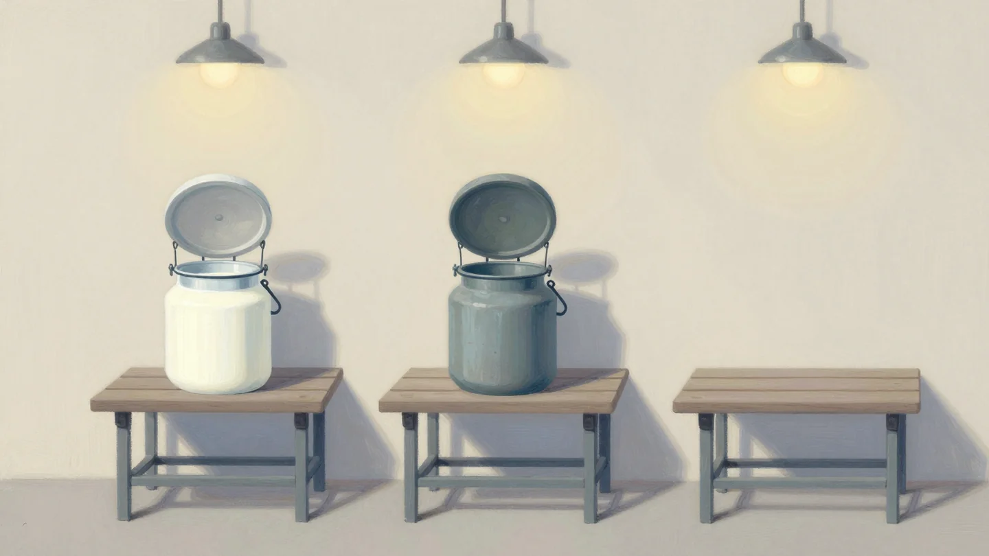 Gouache painting: three stands at a dairy loading dock