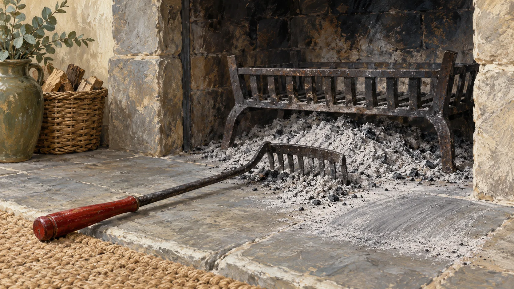 A hearth ash rake beside settled ashes from an earlier fire