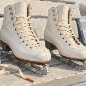 A pair of white ice skates on a snowy bench with a loose coil of lace beside them