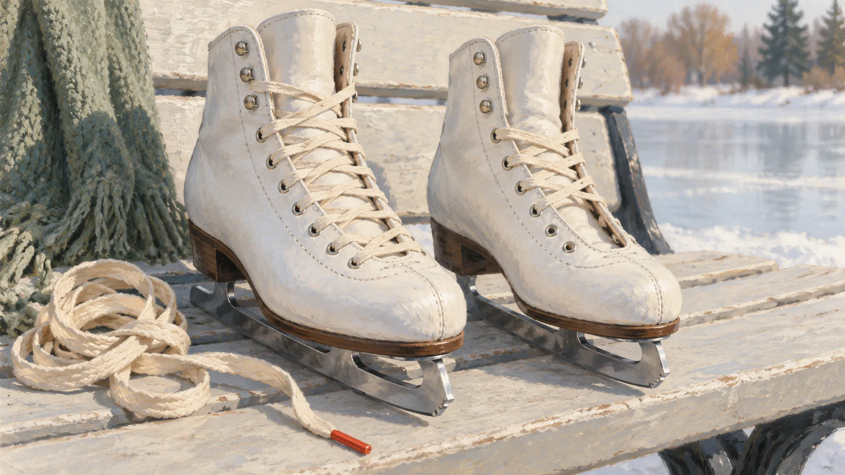 A pair of white ice skates on a snowy bench with a loose coil of lace beside them
