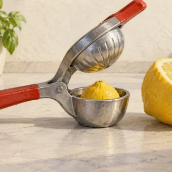 A lemon squeezer holding a small lemon half beside an oversized half that cannot fit its pressing cup