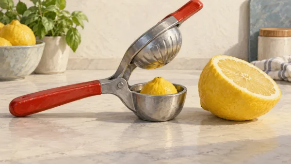 A lemon squeezer holding a small lemon half beside an oversized half that cannot fit its pressing cup