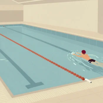 A lone swimmer in a red cap still doing lengths in an almost empty evening pool